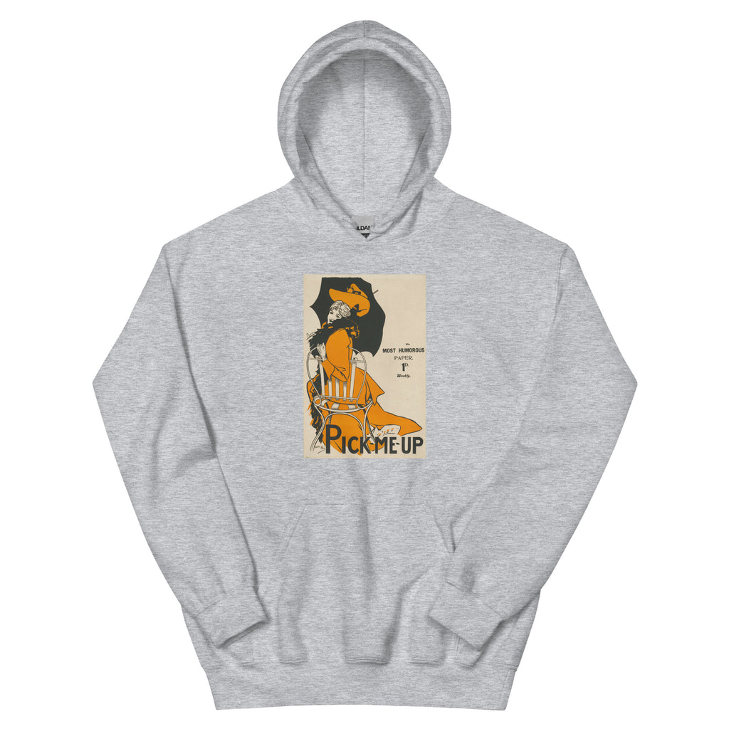 Unisex hoodie featuring a vintage Pick-Me-Up illustrated advertising poster