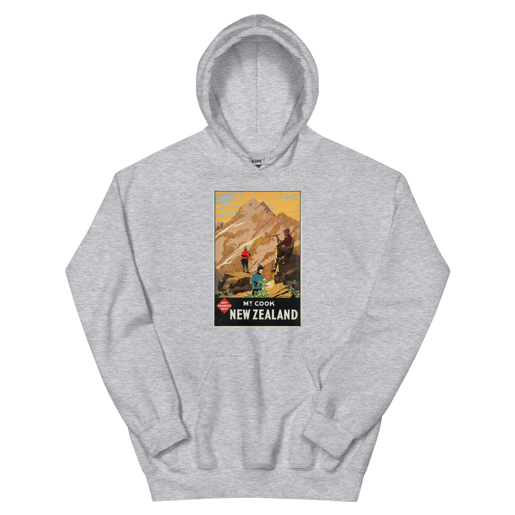 Unisex hoodie featuring a vintage New Zealand Mount Cook scenic travel poster