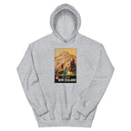 Unisex hoodie featuring a vintage New Zealand Mount Cook scenic travel poster