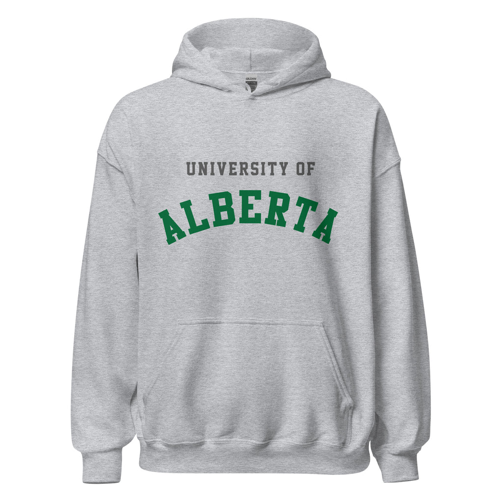 Unisex hoodie featuring University of Alberta name and branding in green and gold