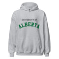 Unisex hoodie featuring University of Alberta name and branding in green and gold