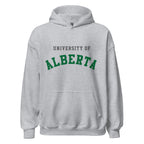 Unisex hoodie featuring University of Alberta name and branding in green and gold