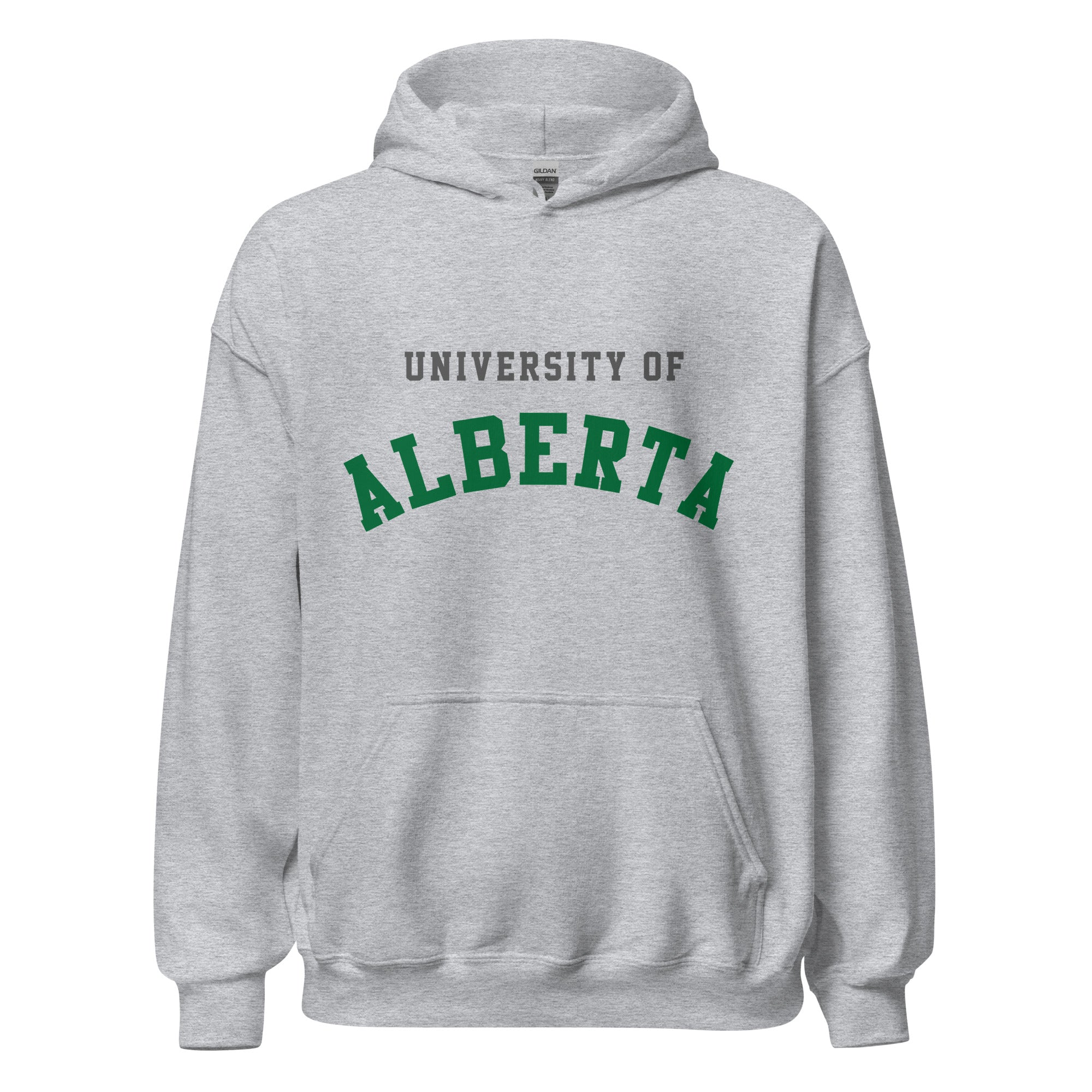 Unisex hoodie featuring University of Alberta name and branding in green and gold