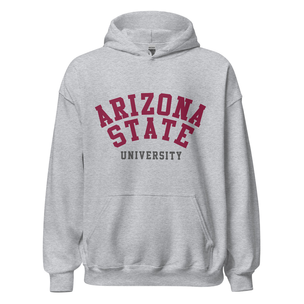 Unisex hoodie featuring Arizona State University name and branding in maroon and gold