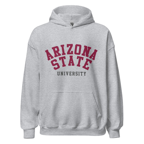 Unisex hoodie featuring Arizona State University name and branding in maroon and gold