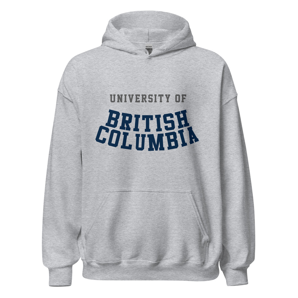 Unisex hoodie featuring University of British Columbia name and branding in blue and gold