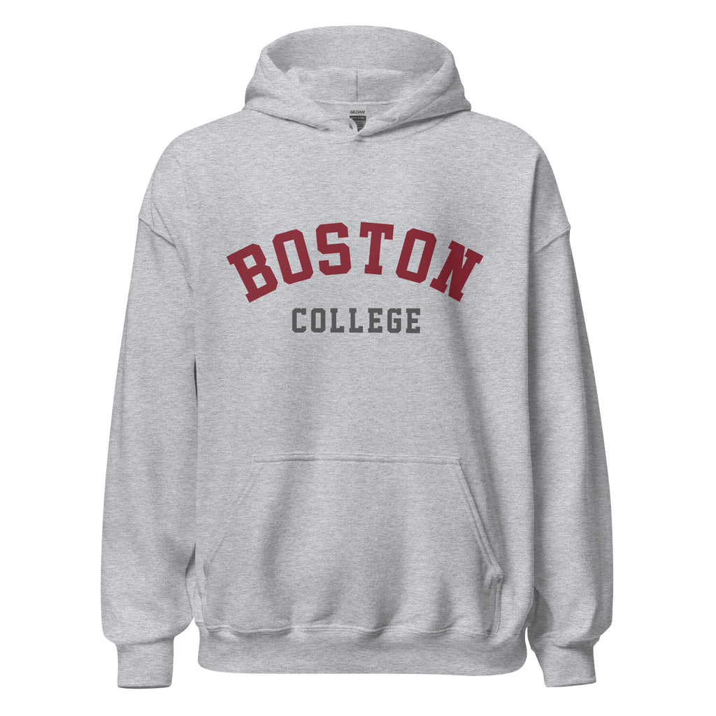 Unisex hoodie featuring Boston College name and branding in maroon and gold