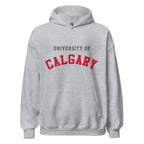 Unisex hoodie featuring University of Calgary name and branding in red and gold