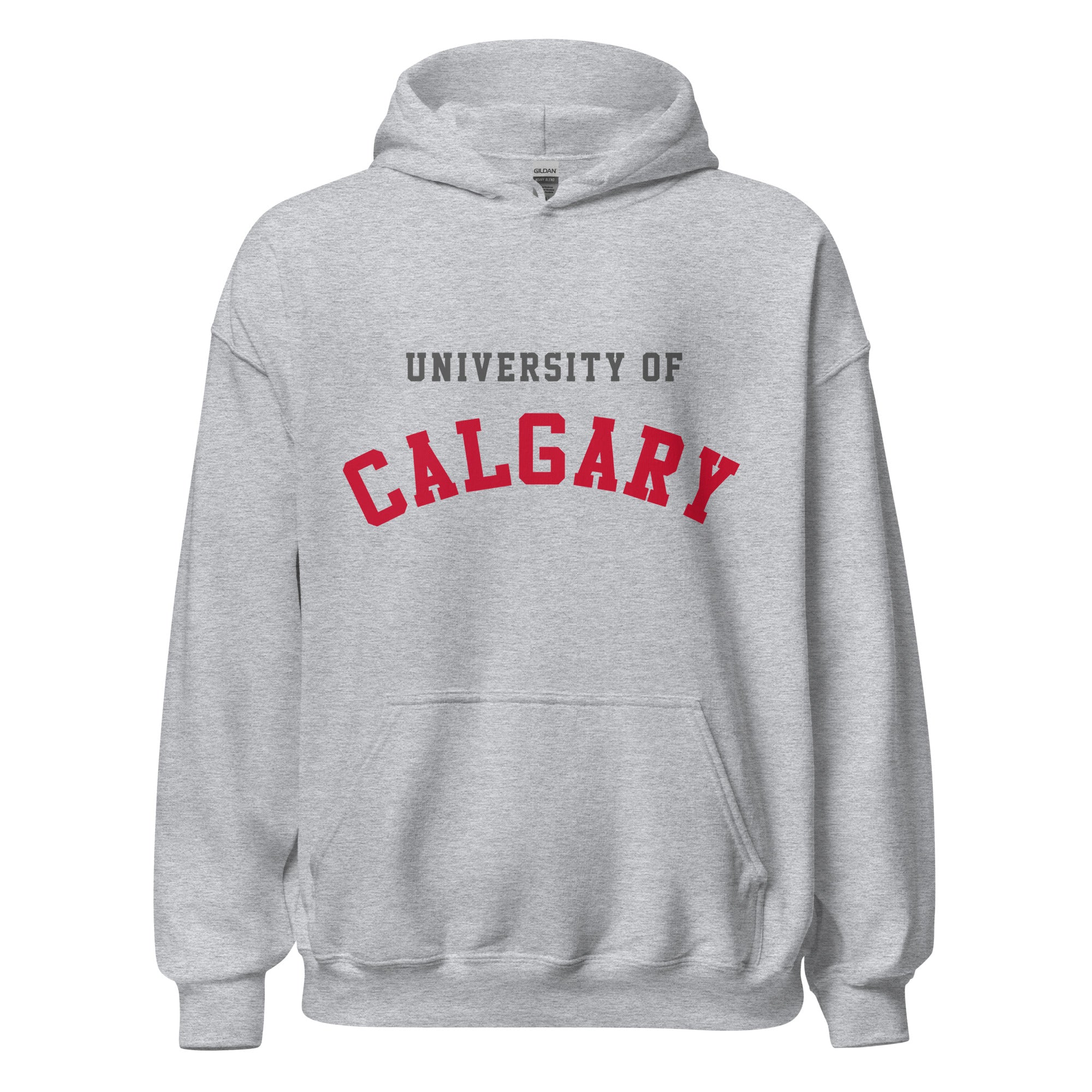 Unisex hoodie featuring University of Calgary name and branding in red and gold