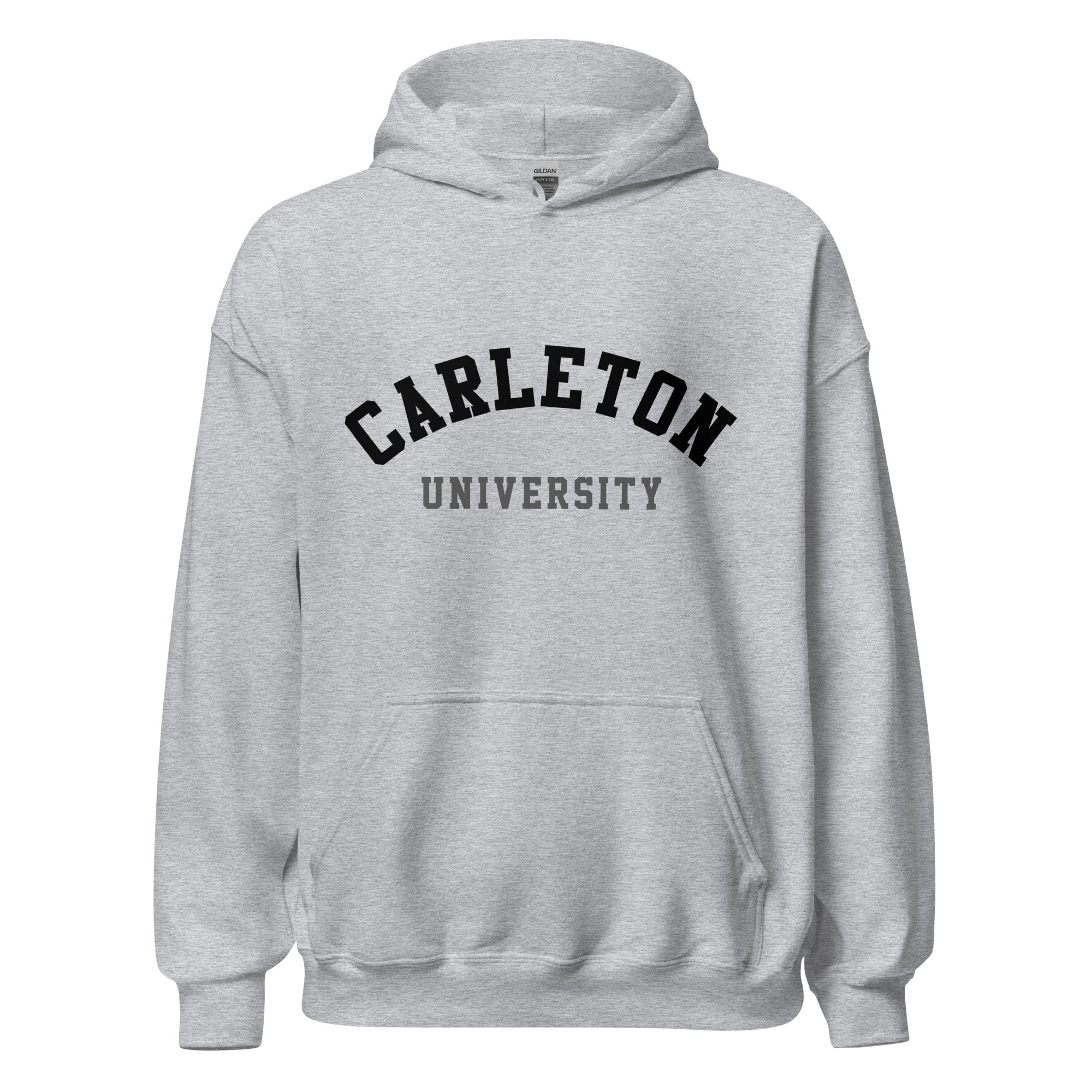 Unisex hoodie featuring Carleton University name and branding in red and gold