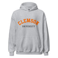 Unisex hoodie featuring Clemson University name and branding in orange and purple