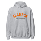 Unisex hoodie featuring Clemson University name and branding in orange and purple