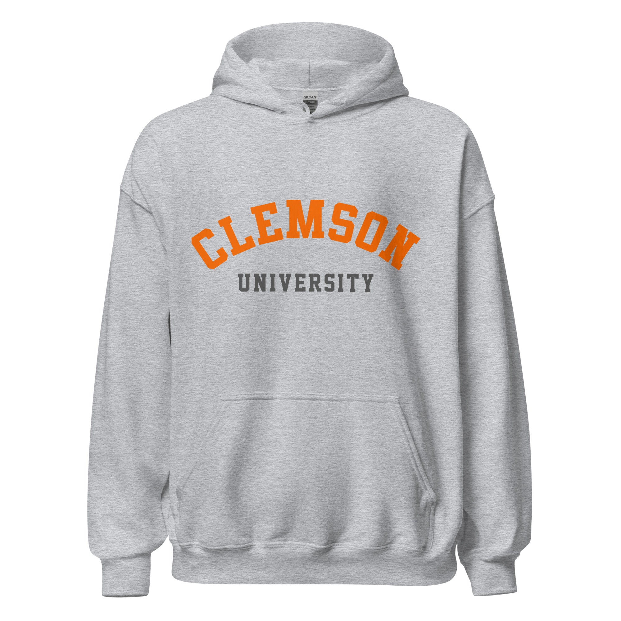 Unisex hoodie featuring Clemson University name and branding in orange and purple