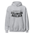Unisex hoodie featuring University of Colorado Boulder name and branding in gold and black