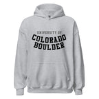 Unisex hoodie featuring University of Colorado Boulder name and branding in gold and black