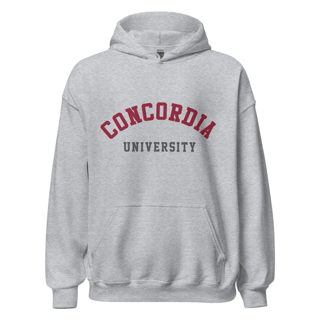 Unisex hoodie featuring Concordia University name and branding in burgundy and gold