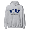 Unisex hoodie featuring Duke University name and branding in royal blue and white