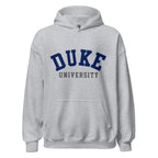 Unisex hoodie featuring Duke University name and branding in royal blue and white
