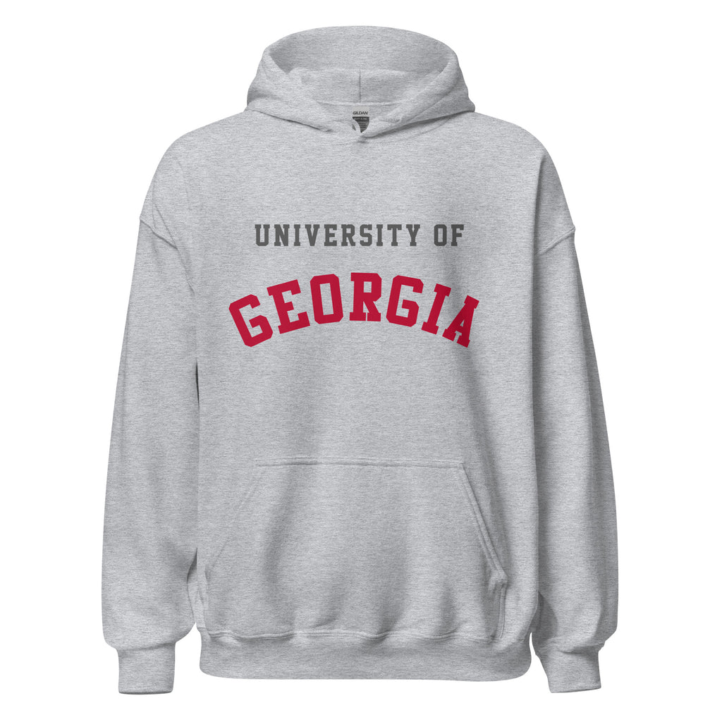 Unisex hoodie featuring University of Georgia name and branding in red and black