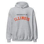 Unisex hoodie featuring University of Illinois name and branding in orange and navy blue