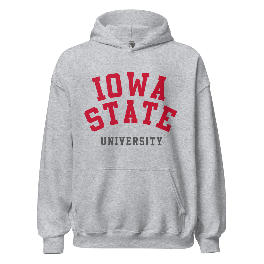 Unisex hoodie featuring Iowa State University name and branding in cardinal and gold