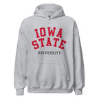Unisex hoodie featuring Iowa State University name and branding in cardinal and gold