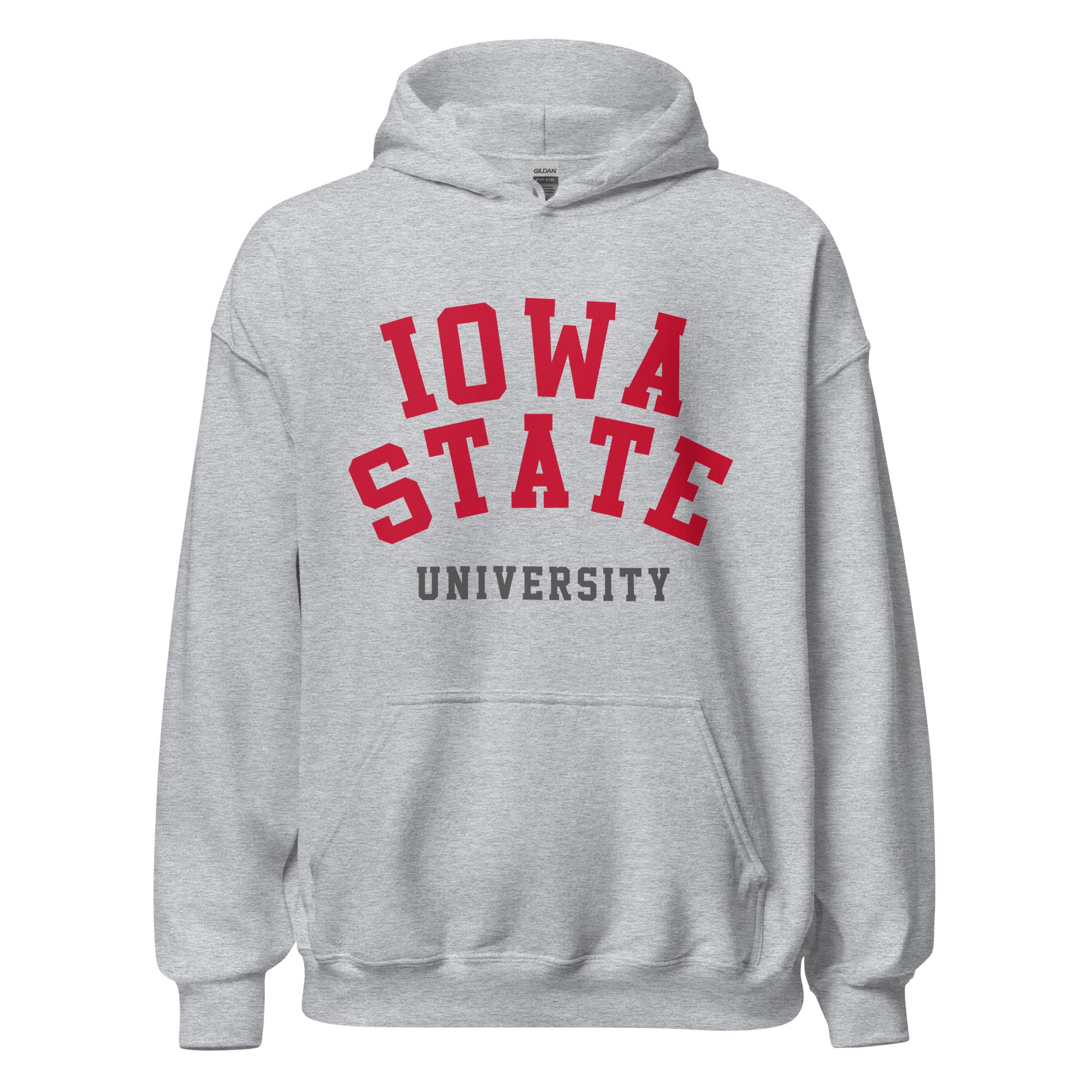 Unisex hoodie featuring Iowa State University name and branding in cardinal and gold