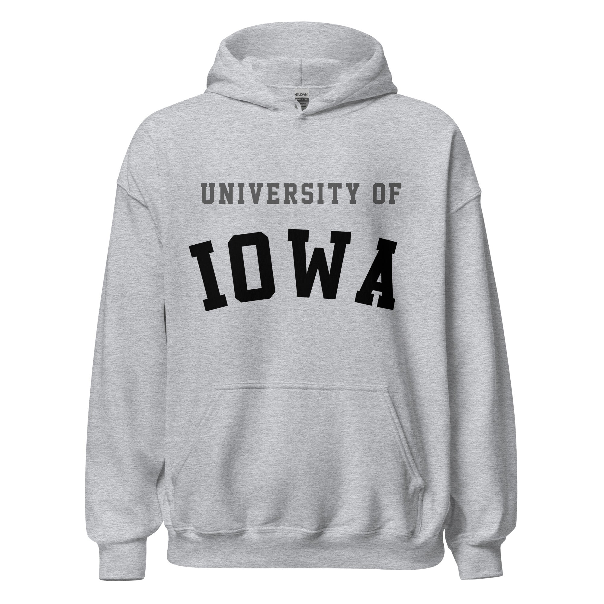 Unisex hoodie featuring University of Iowa name and branding in black and gold