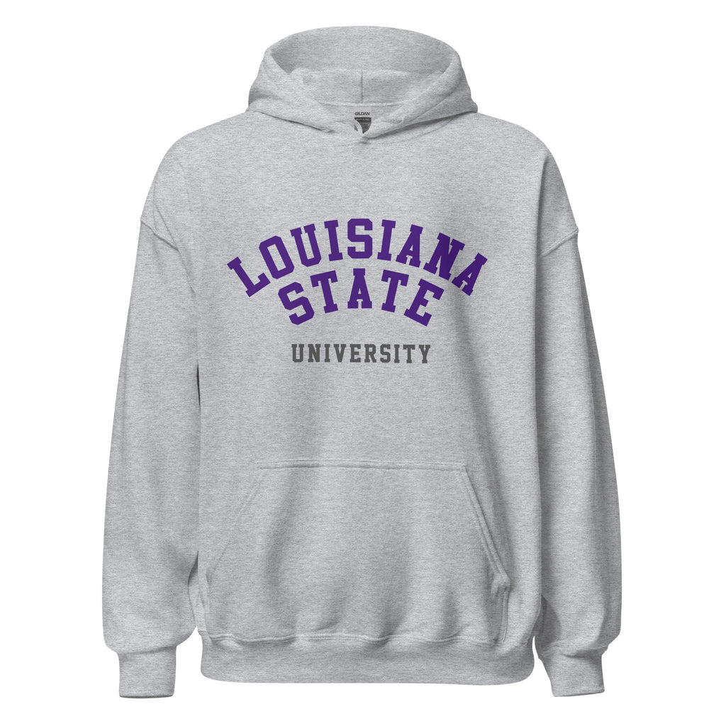 Unisex hoodie featuring Louisiana State University name and branding in purple and gold