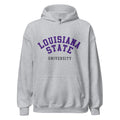 Unisex hoodie featuring Louisiana State University name and branding in purple and gold