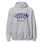 Unisex hoodie featuring Louisiana State University name and branding in purple and gold