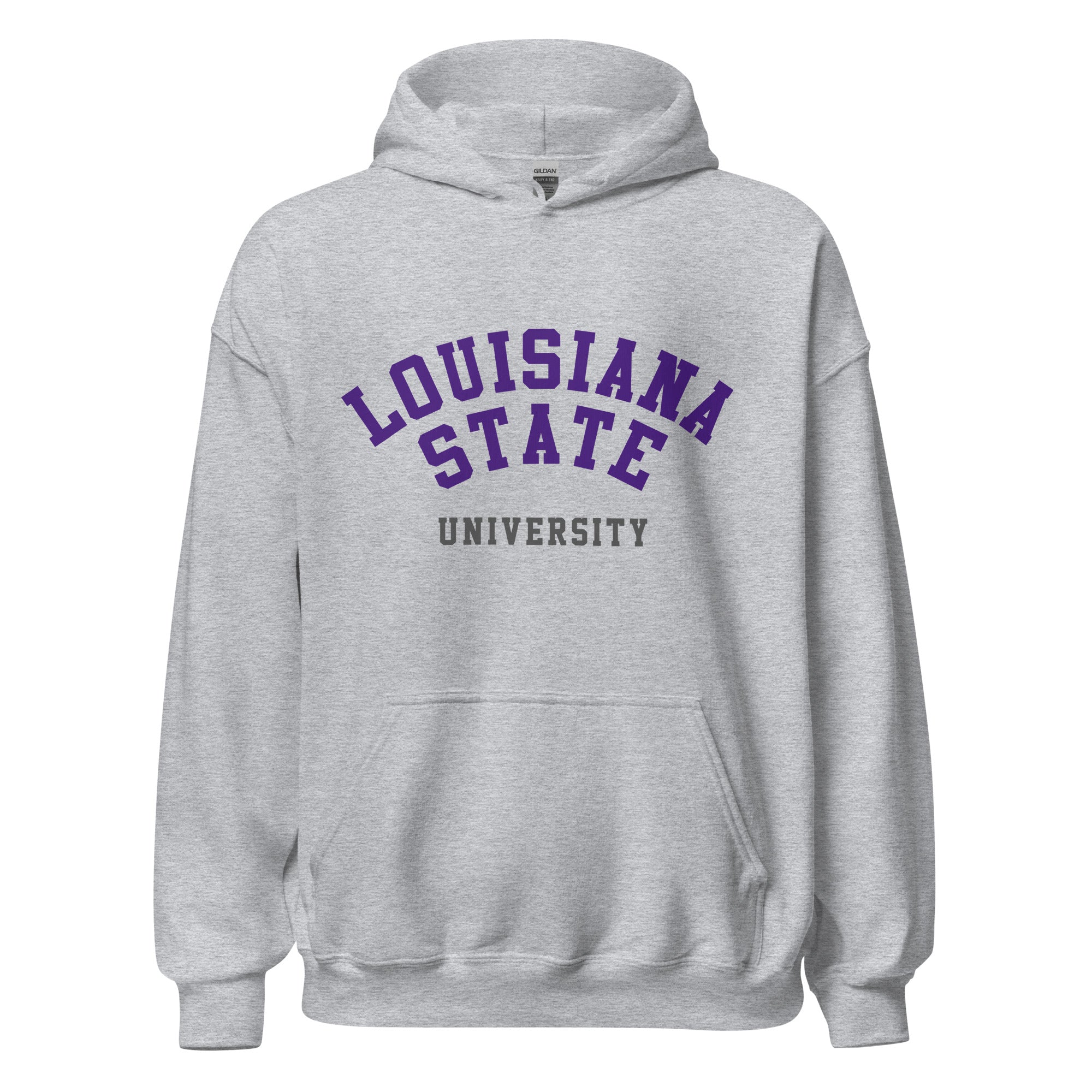 Unisex hoodie featuring Louisiana State University name and branding in purple and gold