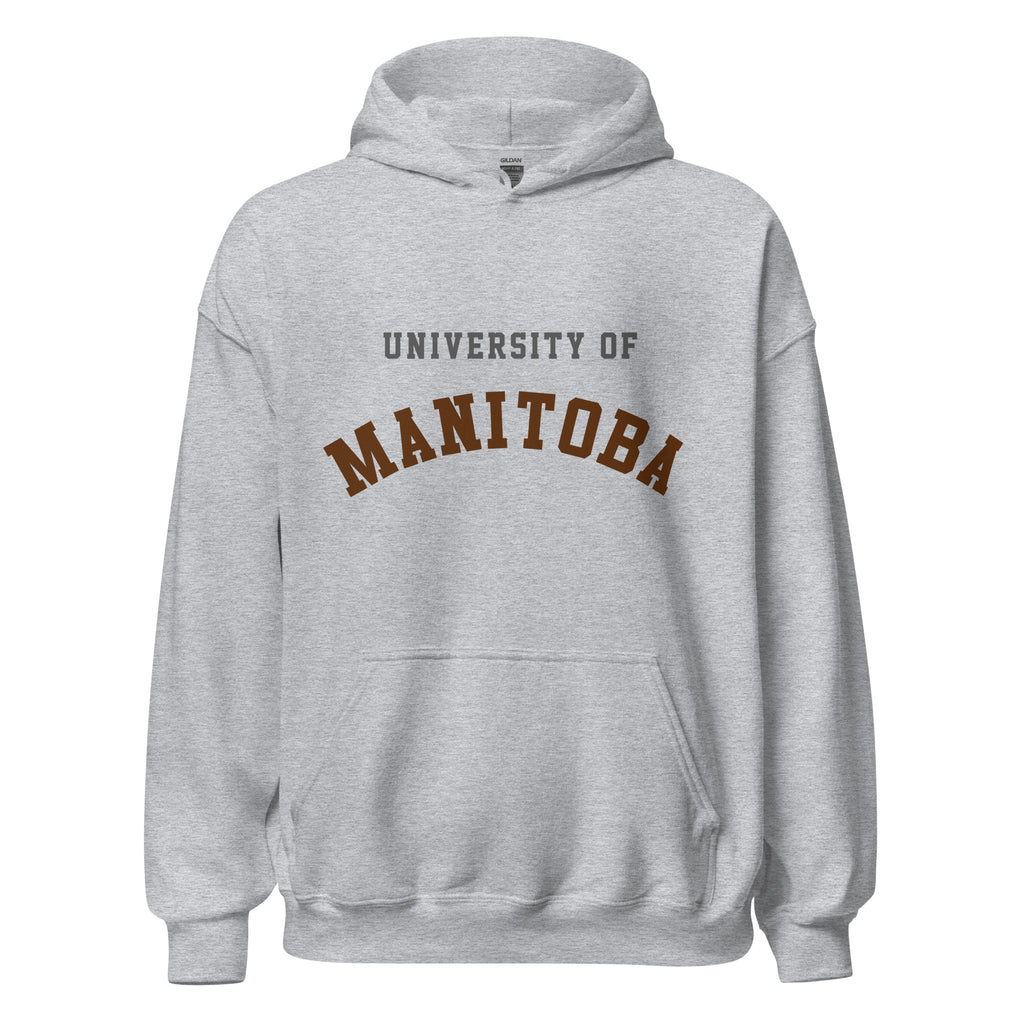 Unisex hoodie featuring University of Manitoba name and branding in bison brown and gold