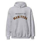 Unisex hoodie featuring University of Manitoba name and branding in bison brown and gold