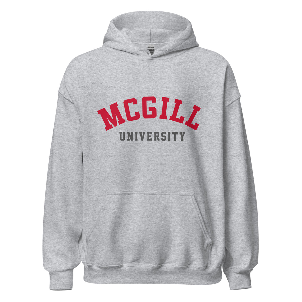 Unisex hoodie featuring McGill University name and branding in red and white
