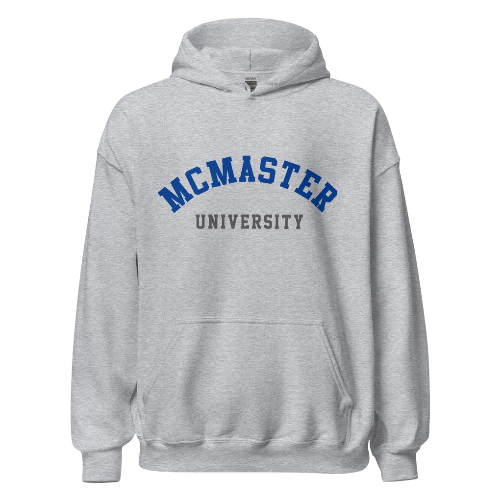 Unisex hoodie featuring McMaster University name and branding in maroon and gold