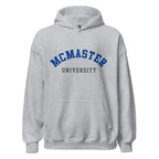 Unisex hoodie featuring McMaster University name and branding in maroon and gold