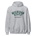 Unisex hoodie featuring Michigan State University name and branding in green and white