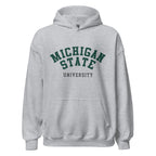 Unisex hoodie featuring Michigan State University name and branding in green and white