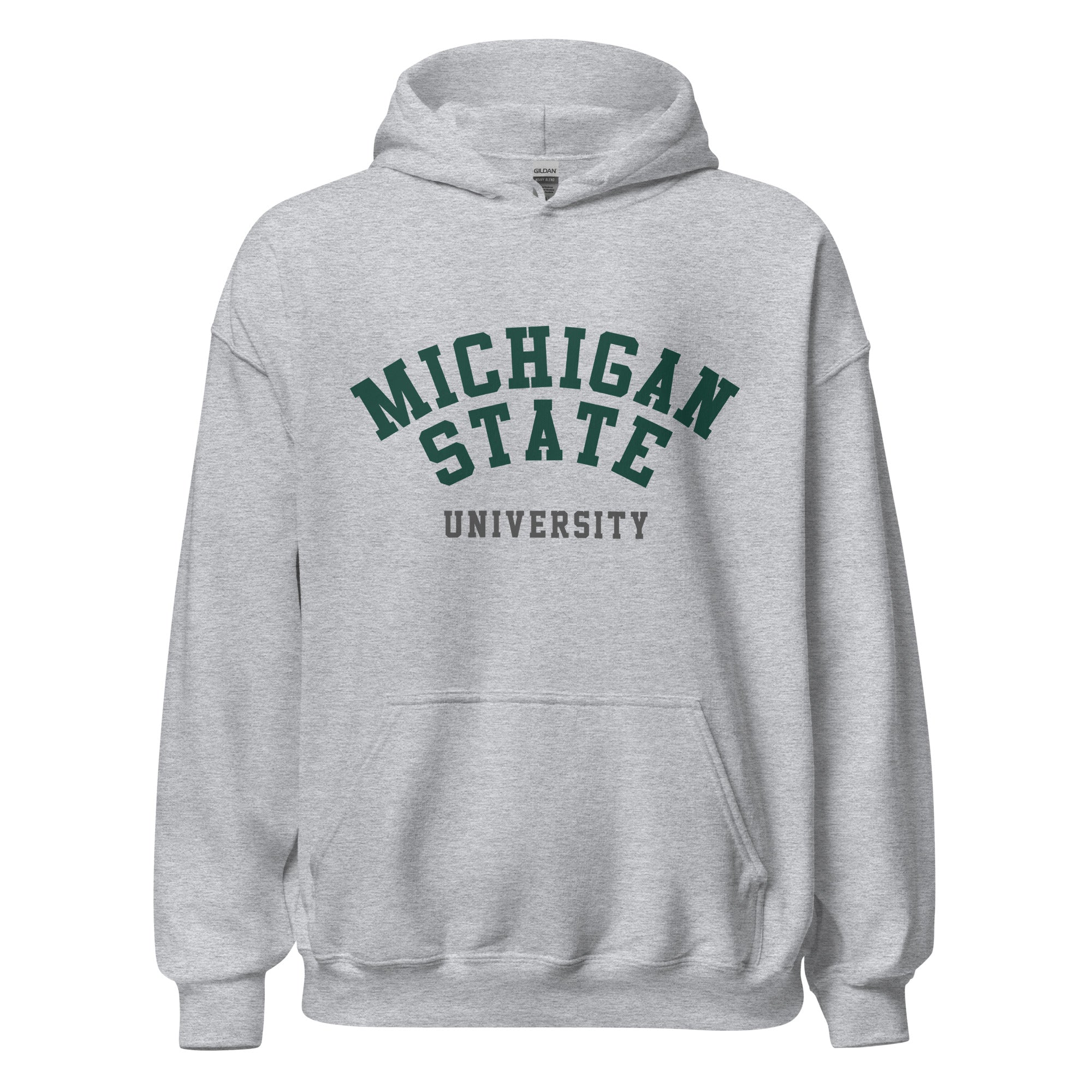 Unisex hoodie featuring Michigan State University name and branding in green and white
