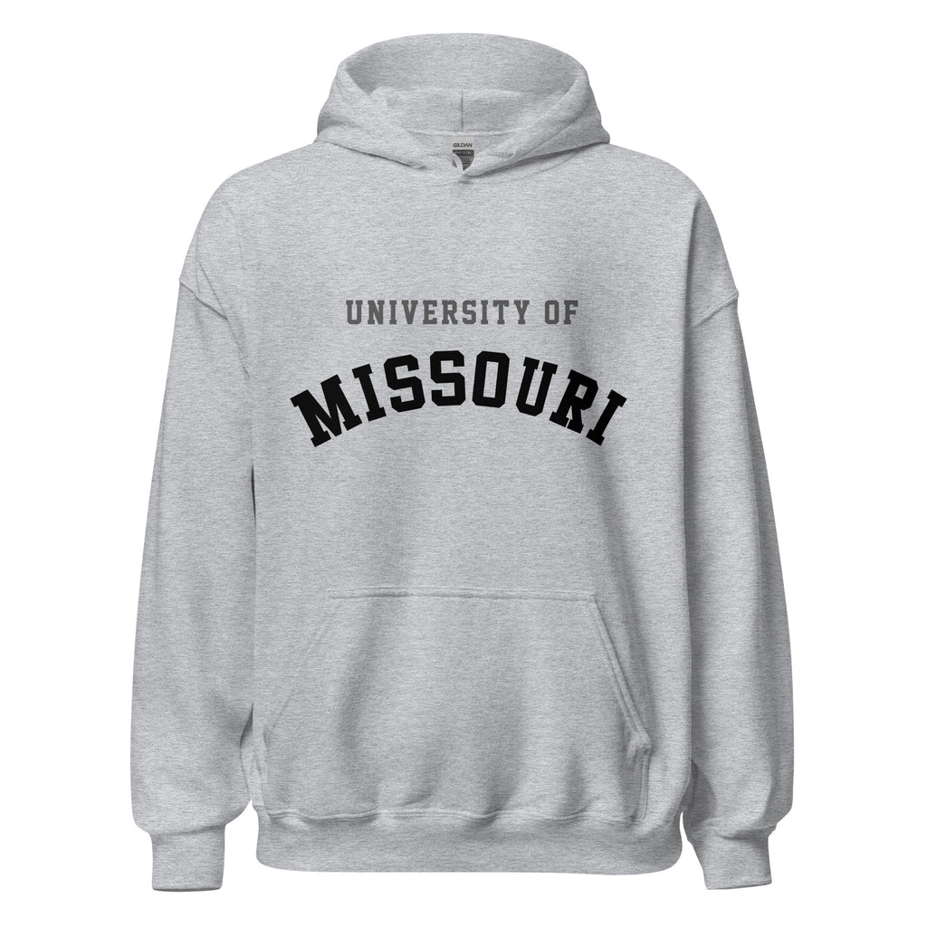 Unisex hoodie featuring University of Missouri name and branding in black and gold