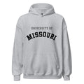 Unisex hoodie featuring University of Missouri name and branding in black and gold