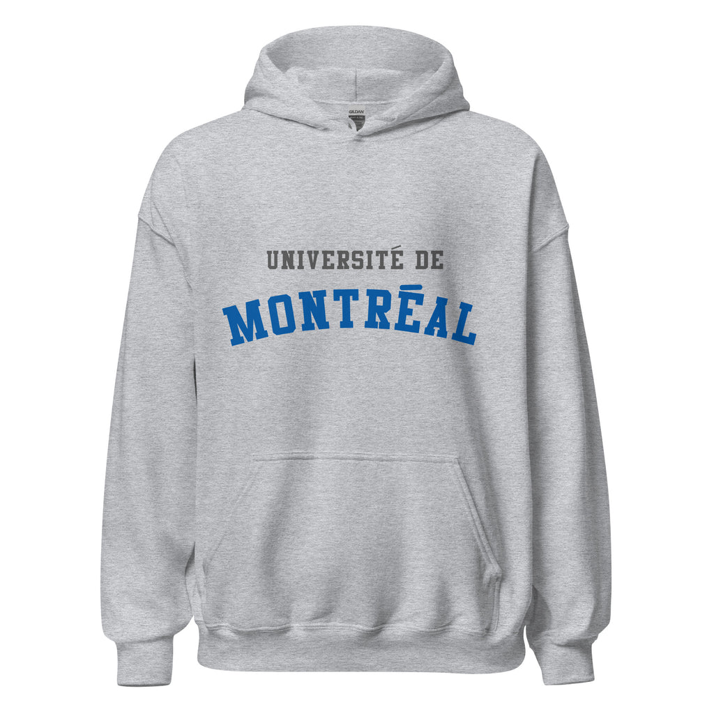 Unisex hoodie featuring Université de Montréal name and branding in blue and white