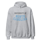 Unisex hoodie featuring University of North Carolina name and branding in Carolina blue and white