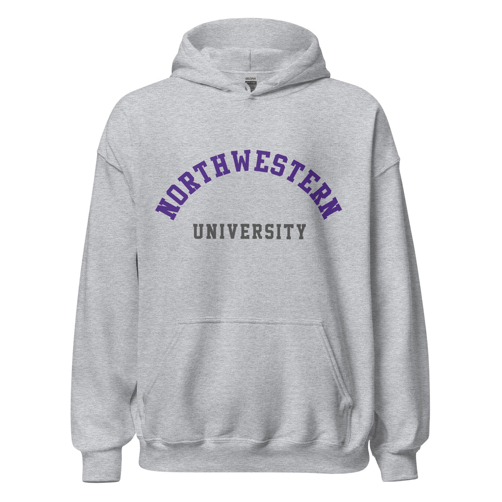 Unisex hoodie featuring Northwestern University name and branding in purple and white
