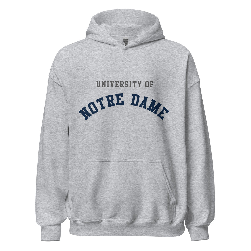Unisex hoodie featuring University of Notre Dame name and branding in navy and gold