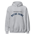 Unisex hoodie featuring University of Notre Dame name and branding in navy and gold