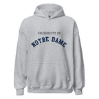 Unisex hoodie featuring University of Notre Dame name and branding in navy and gold