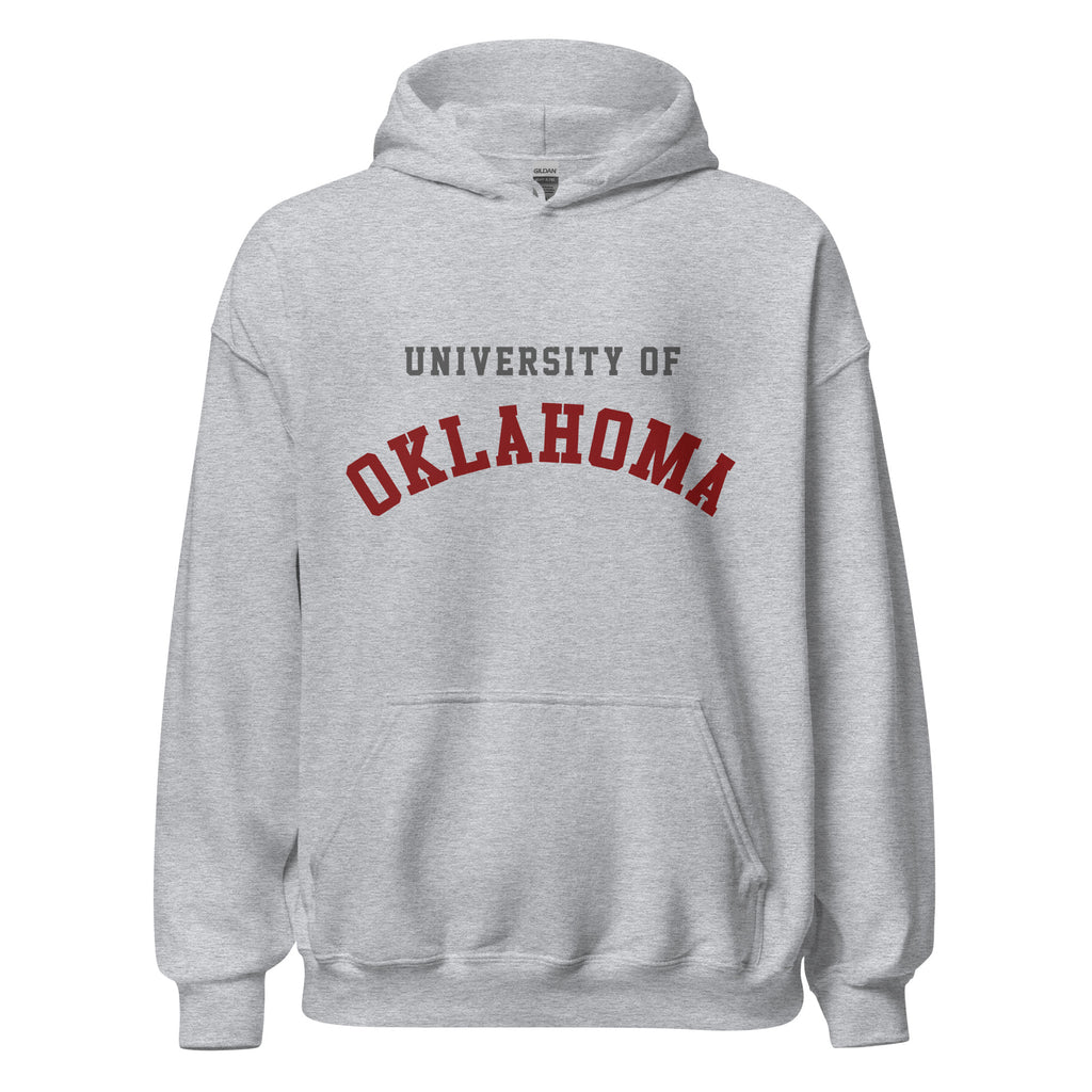 Unisex hoodie featuring University of Oklahoma name and branding in crimson and cream
