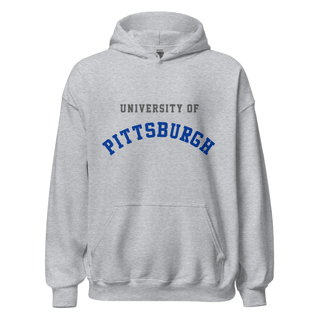Unisex hoodie featuring University of Pittsburgh name and branding in royal blue and gold